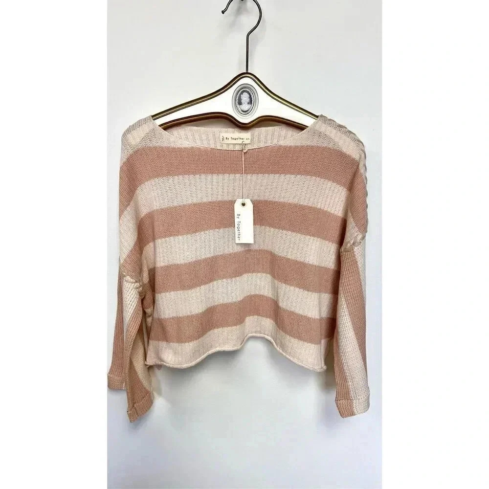 By Together Womens Tan Cream Long Sleeve Striped Boxy Sweater Size M/L Nwt